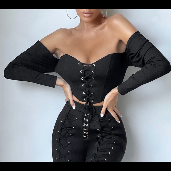 Club L London Tops - Black Off The Shoulder Long Sleeve Lace Up Corset Top. NEW WITH TAGS Size 4